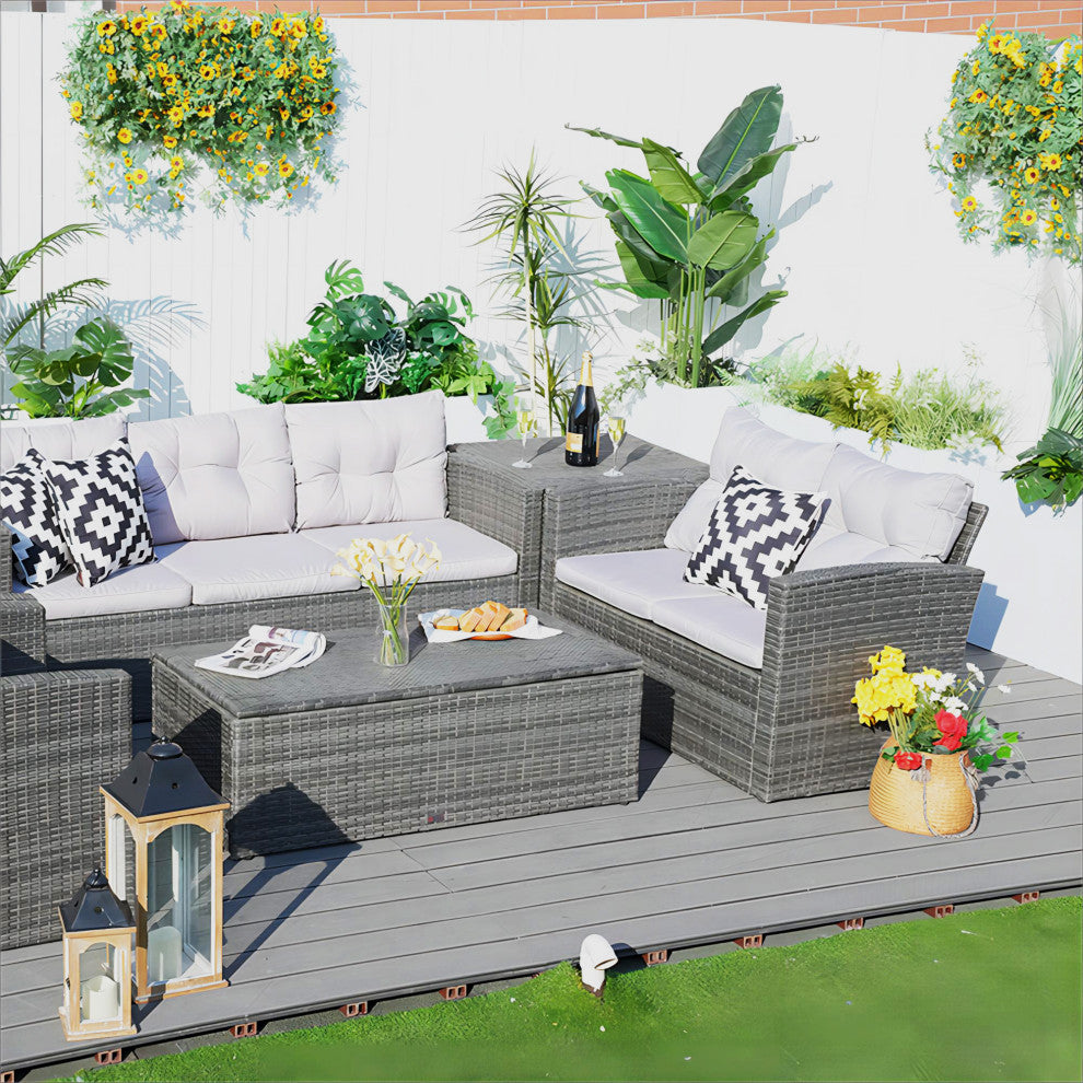 Patio 6-Piece Wicker Sofa Conversation Set With Cushions, Gray