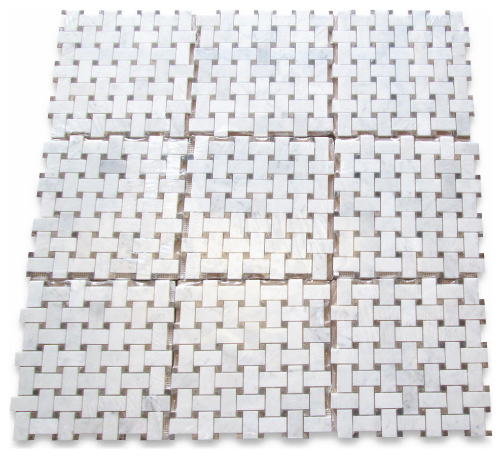 White Carrera Marble Basketweave Mosaic Tile Brown Dots Polished, 1 sheet