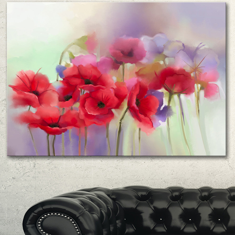 Watercolor Red Poppy Flowers Painting, Large Floral Canvas Artwork, 40"x30"