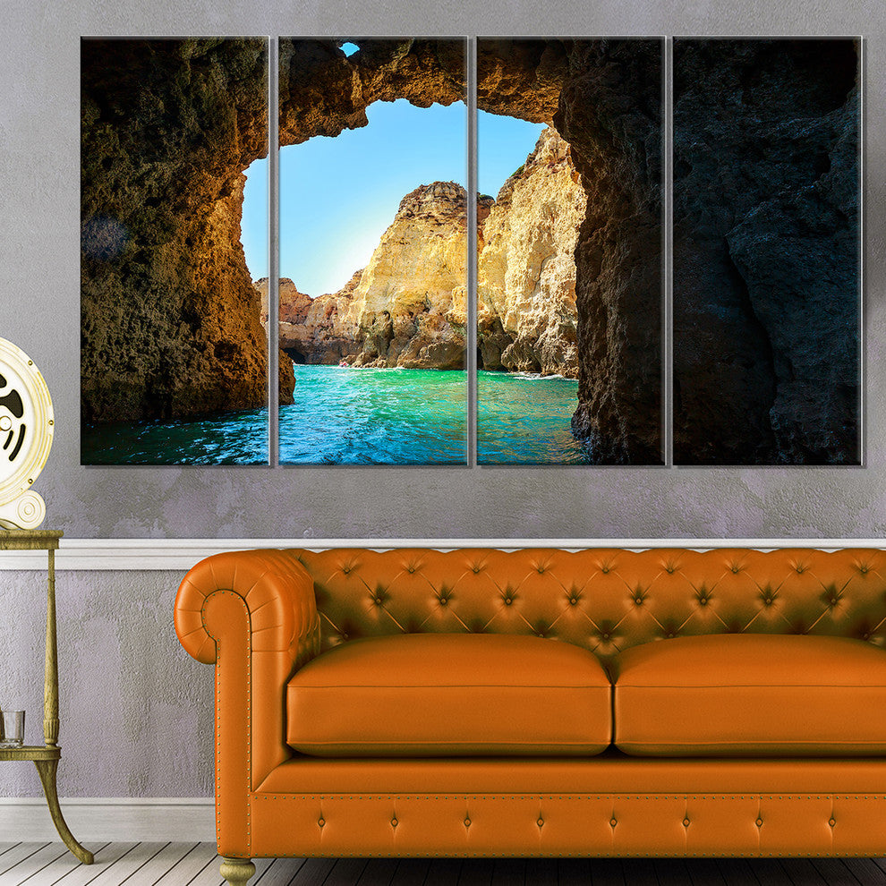 "Sea Through Rocky Cave Portugal" Seashore Wall Art, 48"x28", 4-Panels