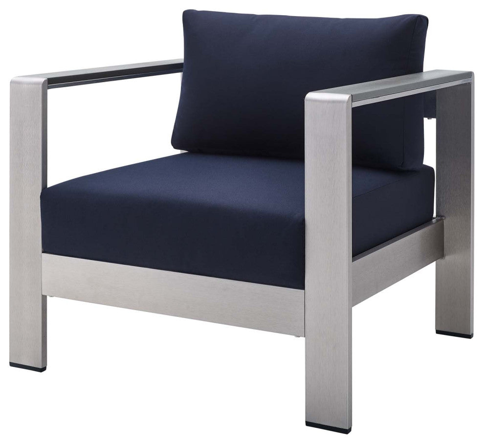 Sectional Sofa Chair Table Set, Sunbrella, Aluminum, Silver Blue Navy, Outdoor