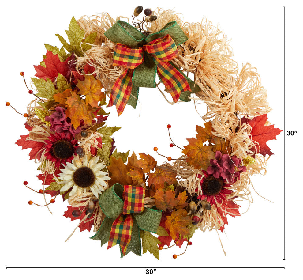 30" Harvest Autumn Sunflower, Maple Leaves and Berries Fall Wreath With Bows