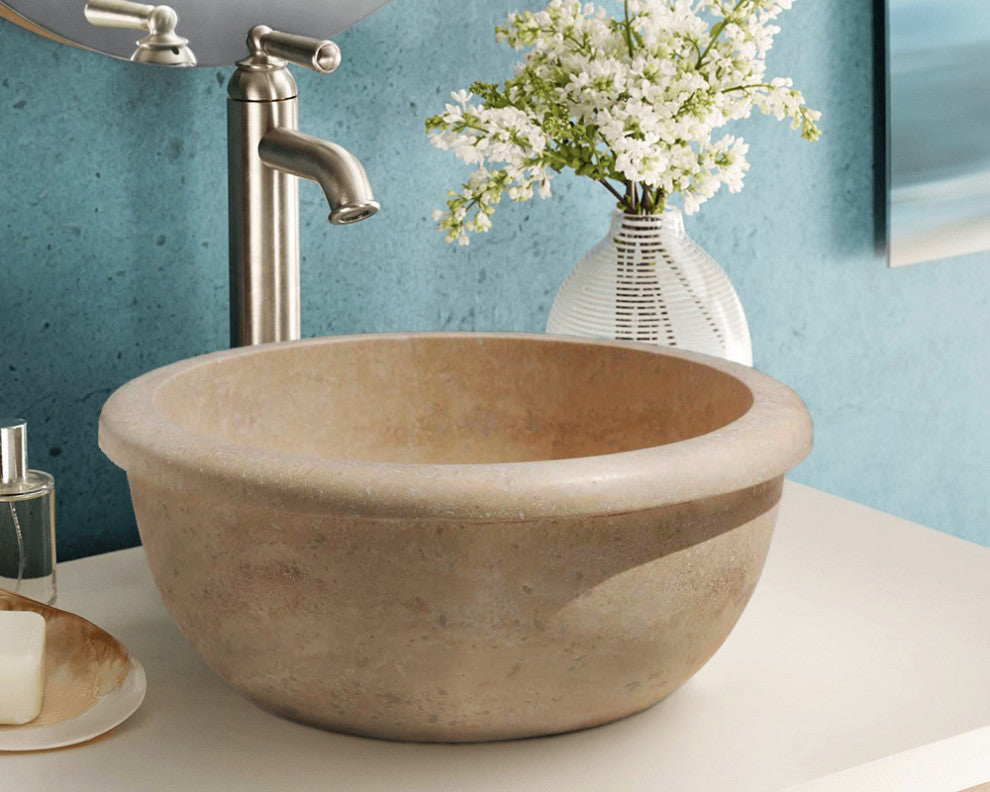 Natural Stone Light Travertine Drop-in Vessel Sink (D)14" (H)6"