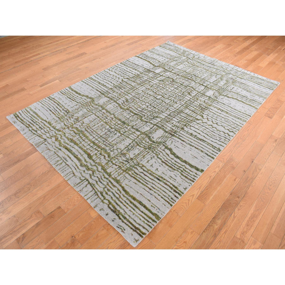 Goose Gray, Fine Jacquard Hand Loomed, Modern, Wool and Silk, Rug, 7'10"x9'9"