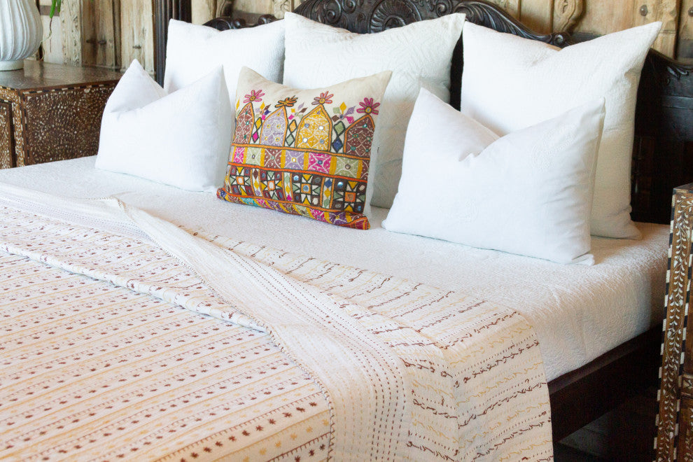 Summer White Quilted Cotton Kantha Bedcover