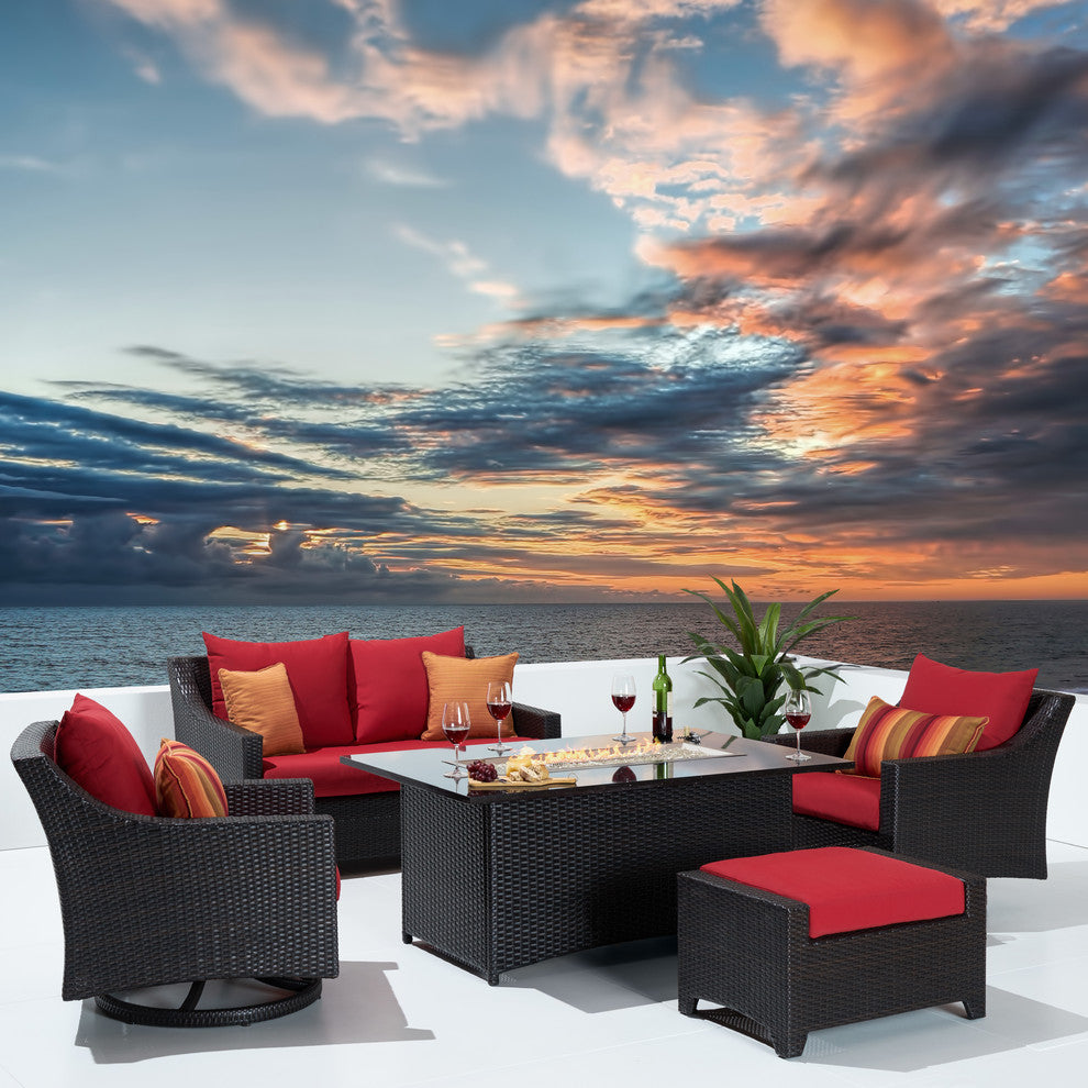 Deco 5 Piece Sunbrella Outdoor Patio Love and Motion Club Fire Set, Sunset Red
