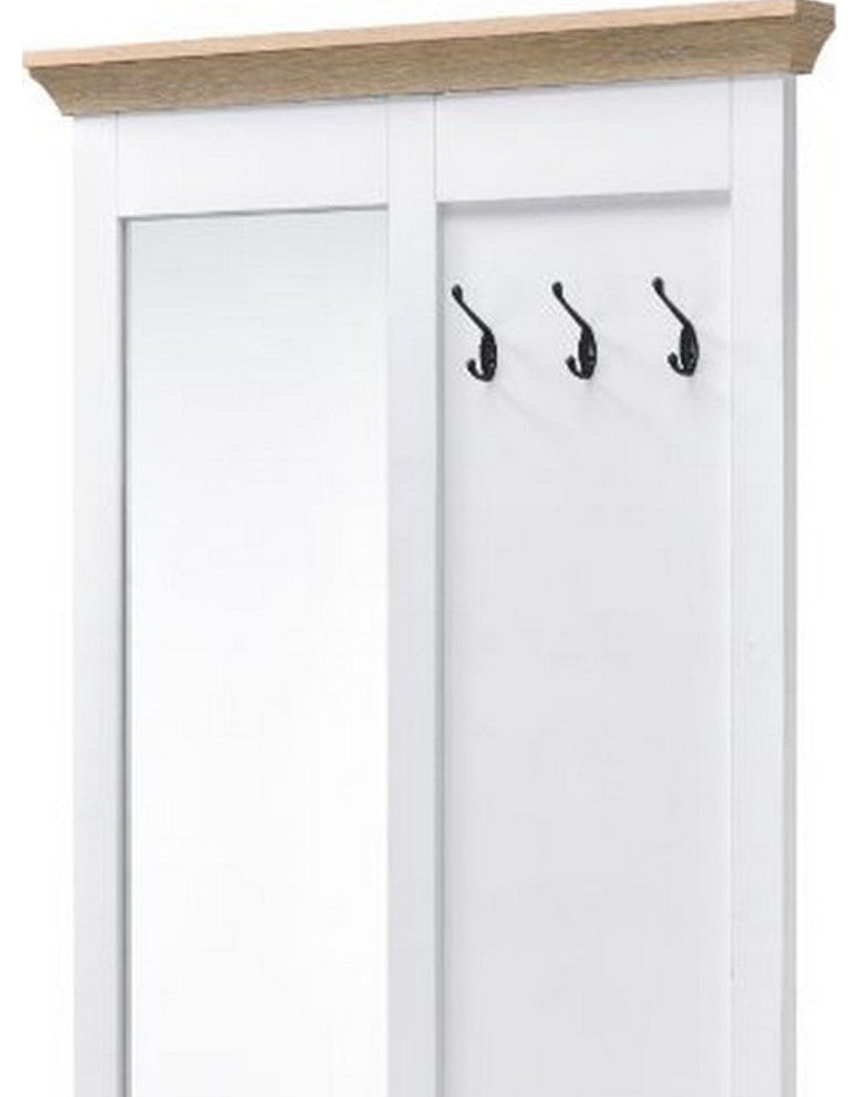 Benzara BM251205 Hall Tree With Body Length Mirror & Bench Seat, White/Brown