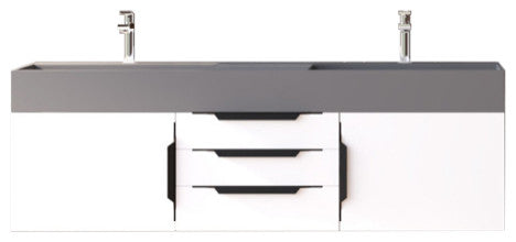 CastelloUSA Amazon 60" Wall Mounted Bathroom Vanity Set, White, Gray Top, Black Handles