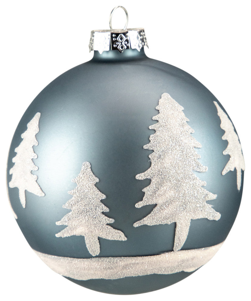 3.9" Matte Blue With White Glitter Trees Christmas Glass Ornament