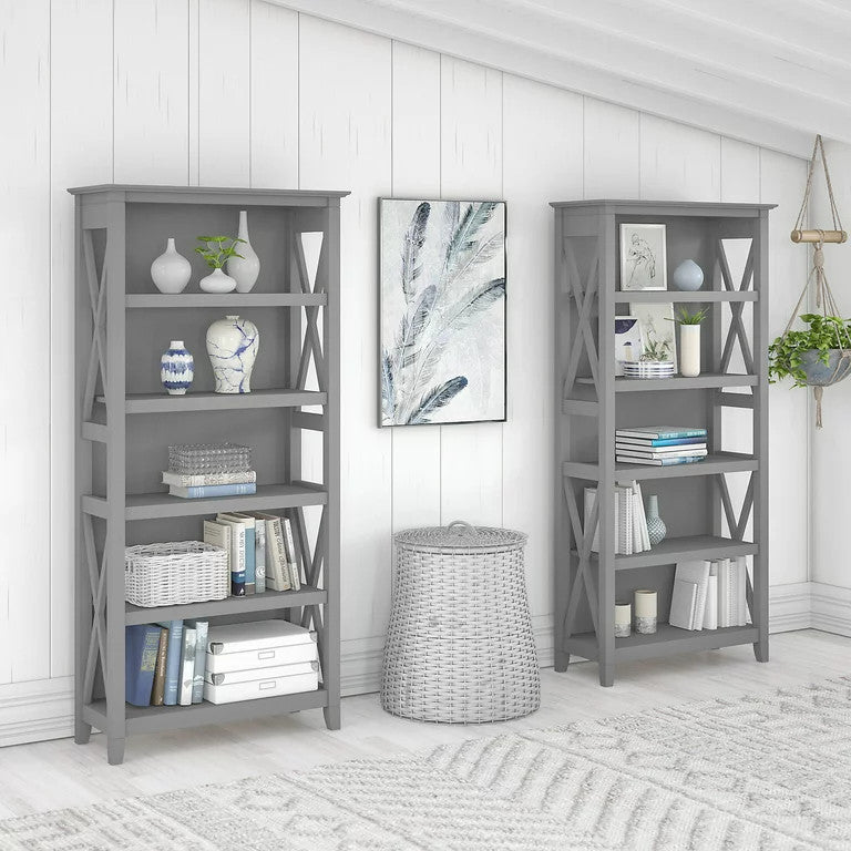 Set of 2 Farmhouse Bookcase, Open Shelves With X-Sides, Cape Cod Gray