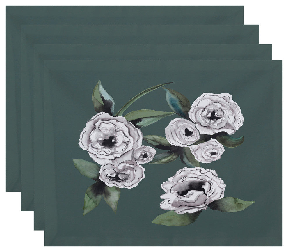 Radiant Rose 18"x14" Green Floral Print Placemat, Set of 4