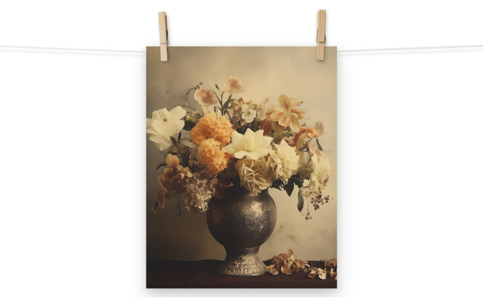 Floral Symphony Bouquet Retro Subdued Photorealism Digital Artwork Loose Print, 11" X 14"
