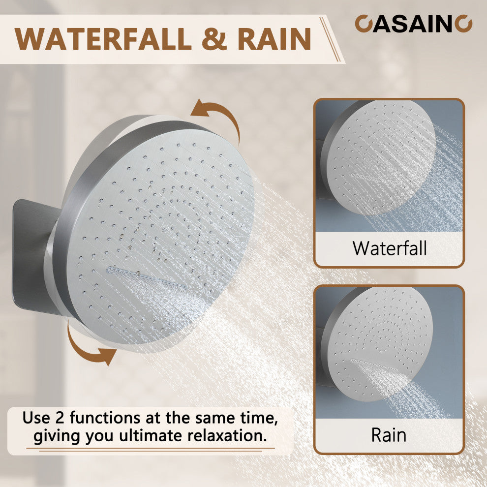 12inch Adjustable Shower Head With Shelf and Spray Gun Function, Brushed Nickel