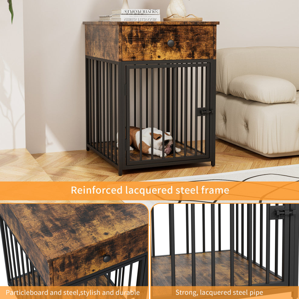 TATEUS Decorative Dog Crate with Drawer & End Table for Small Dogs, Brown