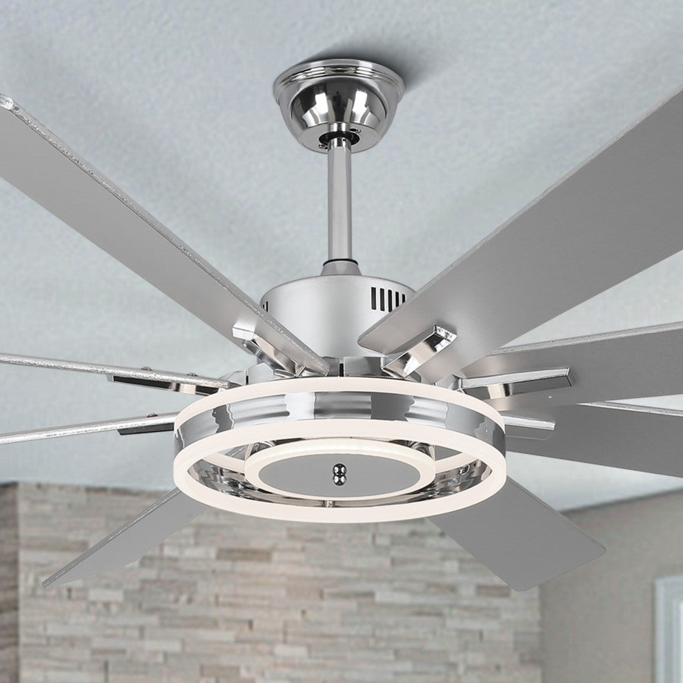 72" Large Ceiling Wood Blade Fan w LED Lights and Remote, Chrome