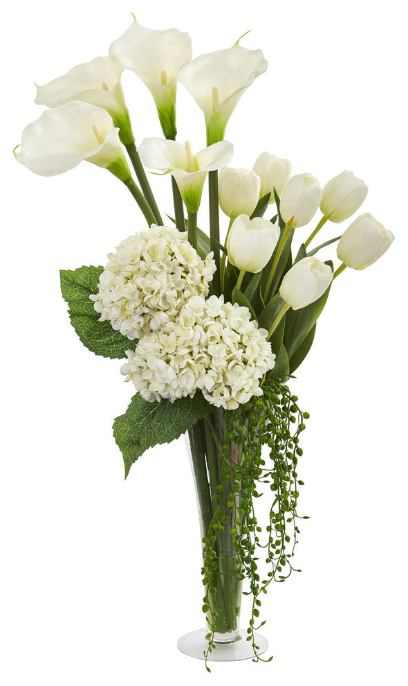 Nearly Natural Calla, Hydrangea & Tulips Artificial Arrangement In Flared Vase, White