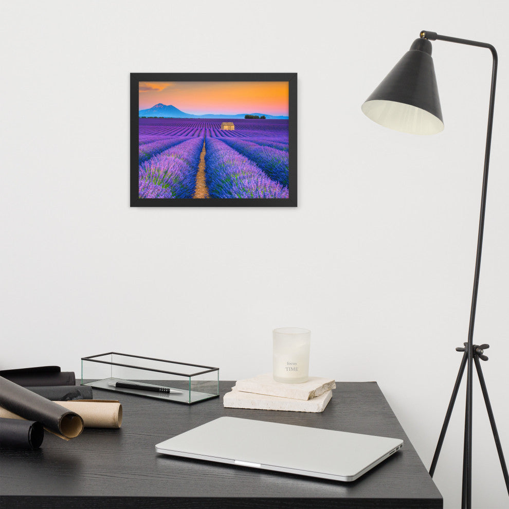 Blooming Lavender Field and Sunset Floral Landscape Framed Photo Wall Art Prints, Black, 11" X 14"