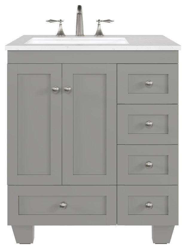 Eviva Acclaim 28" Transitional Bathroom Vanity w/ White Carrara Top, Grey
