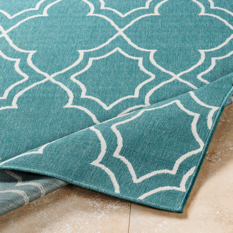 Alfresco Trellis Teal, White Area Rug, 8'9" Square