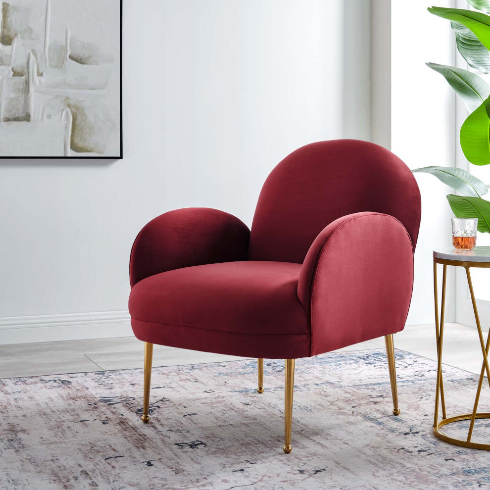 Armchair Accent Chair, Red, Velvet, Modern, Mid Century Hotel Lounge Cafe Lobby