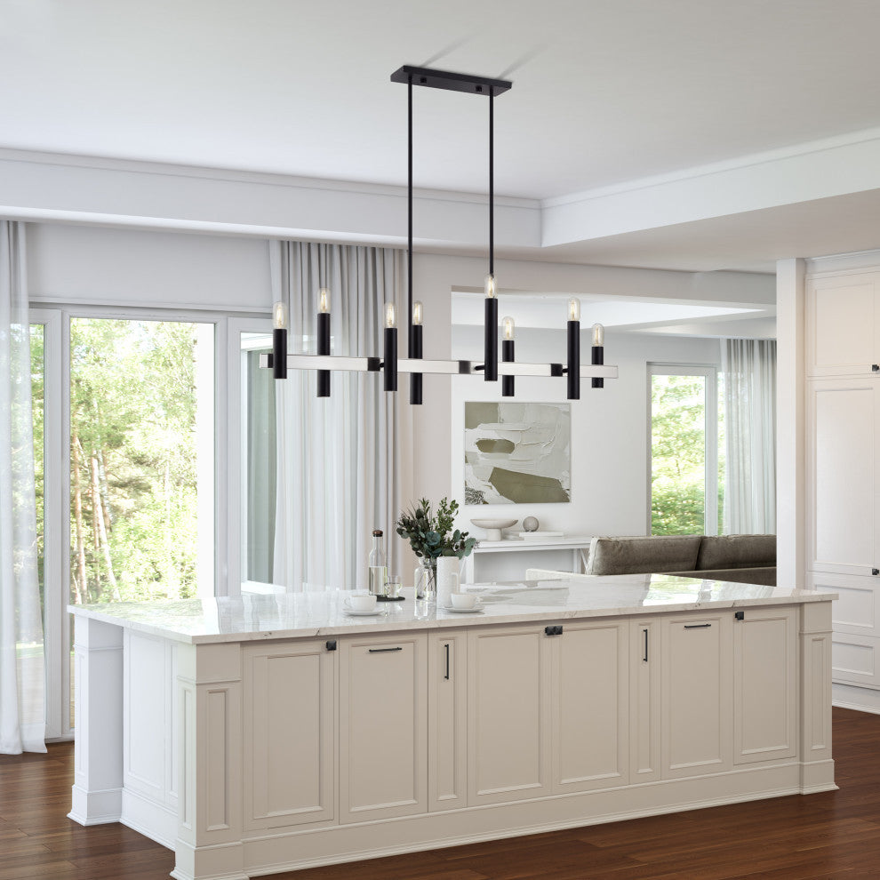 Helsinki 8-Light Black Extra Large Linear Chandelier with Brushed Nickel Accents