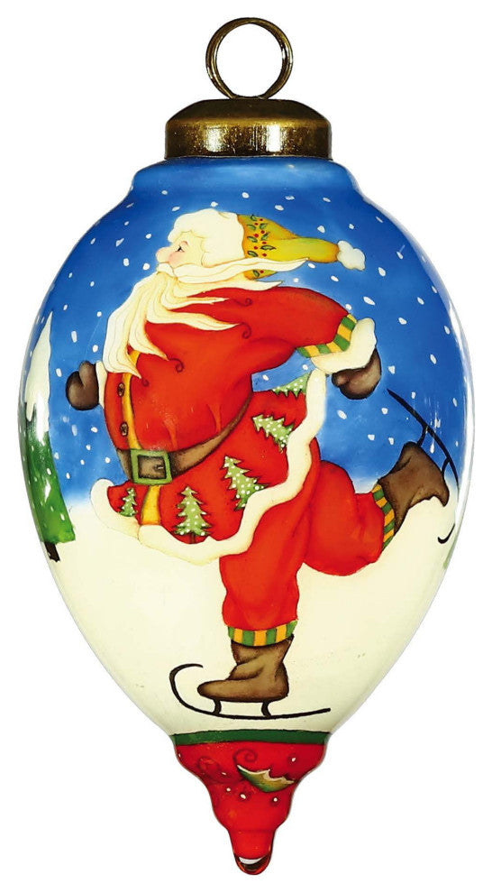 Ice Skating Santa Hand Painted Mouth Blown Glass Ornament