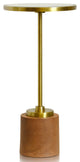 Gold Iron Drink Table WeigHed Base and Clear Mirror Top, Brown Leather