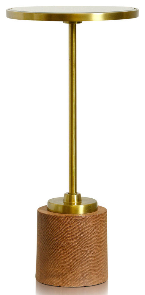 Gold Iron Drink Table WeigHed Base and Clear Mirror Top, Brown Leather