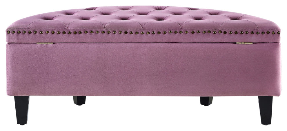 Laura Velvet Gold Nailhead Trim Half Moon Storage Ottoman, Mauve