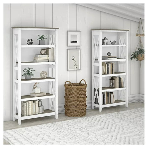 Set of 2 Farmhouse Bookcase, Open Shelves With X-Sides, Shiplap Gray/Pure White