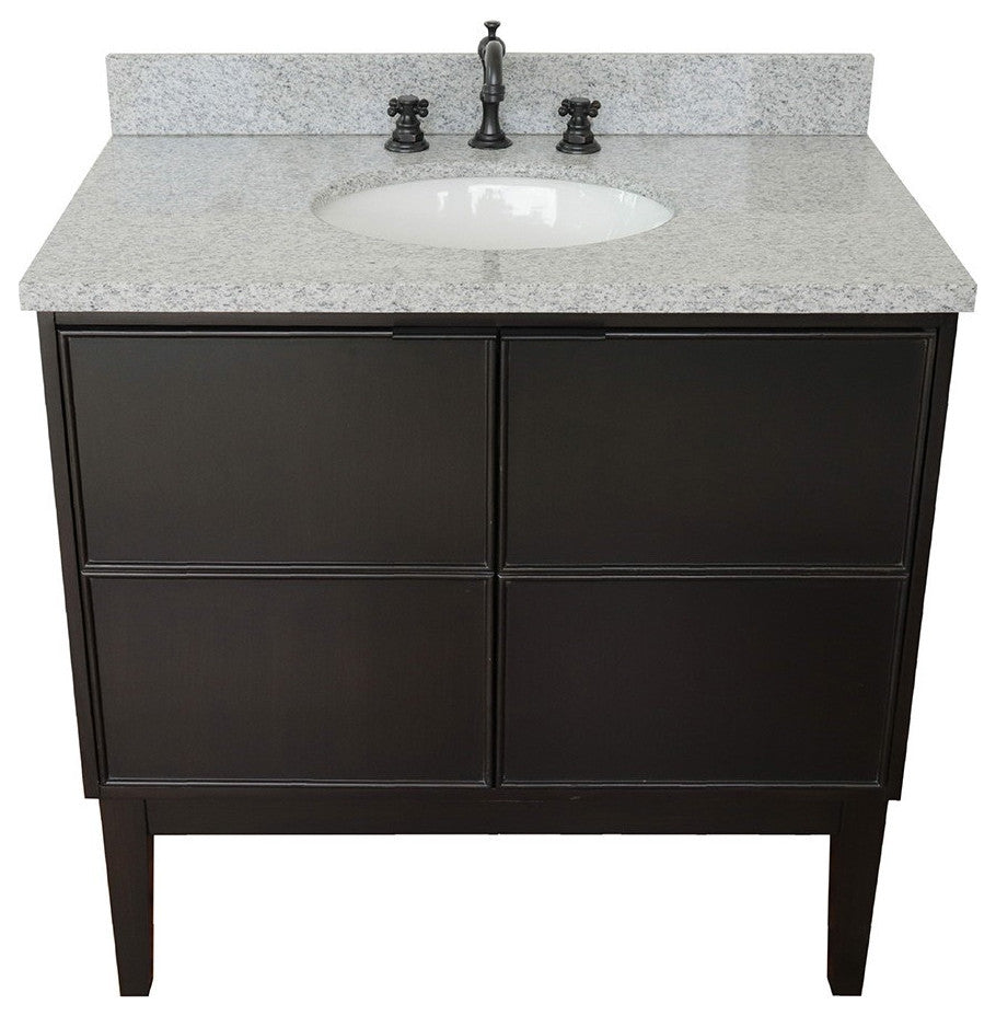 37" Single Vanity, Cappuccino Finish With Gray Granite Top And Oval Sink