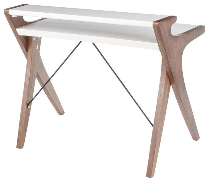 Contemporary Desk, X-Shaped Legs With Wooden Top & Open Shelf, Walnut/White