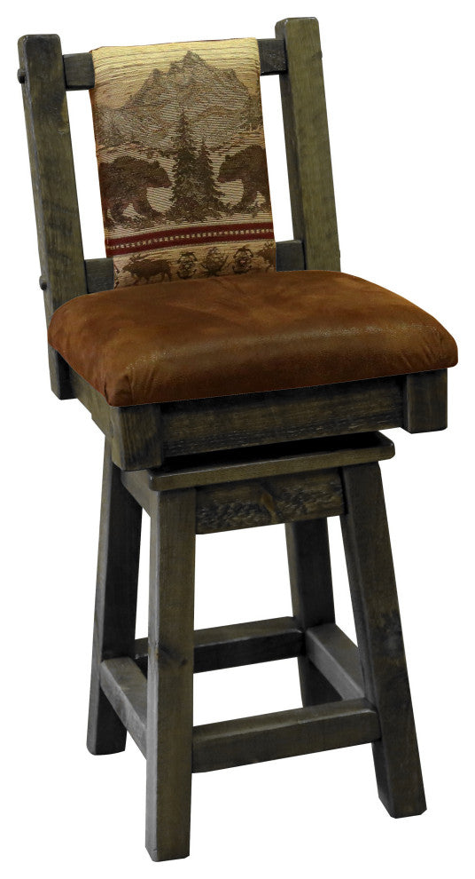 Barnwood Style Timber Peg Swivel Upholstered Barstool, Weathered Slate, Bear Run and Palomino Tobacco, Bar Height