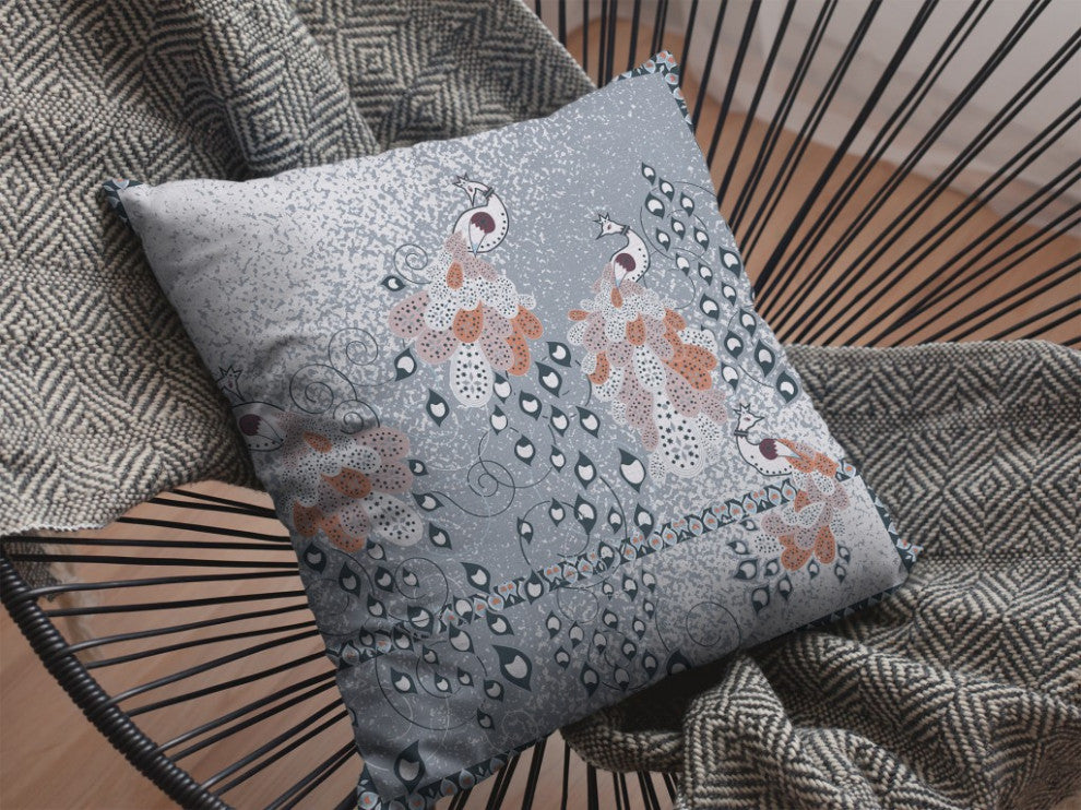 18" Gray Orange Boho Bird Suede Throw Pillow