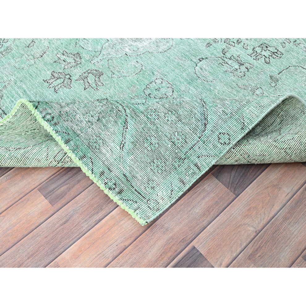 Celadon Green, Worn Wool, Hand Knotted, Vintage Persian Tabriz Rug, 6'2"x9'3"