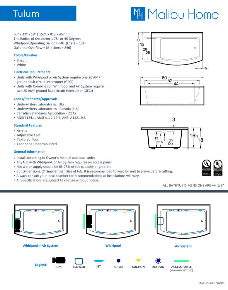 Malibu Tulum RH Rectangle Combination Whirlpool and Air Bathtub 60x32x18 White