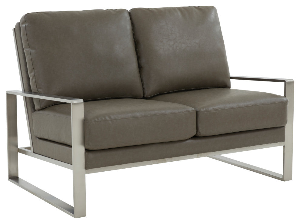 LeisureMod Jefferson Modern Faux Leather Loveseat With Silver Frame, Gray