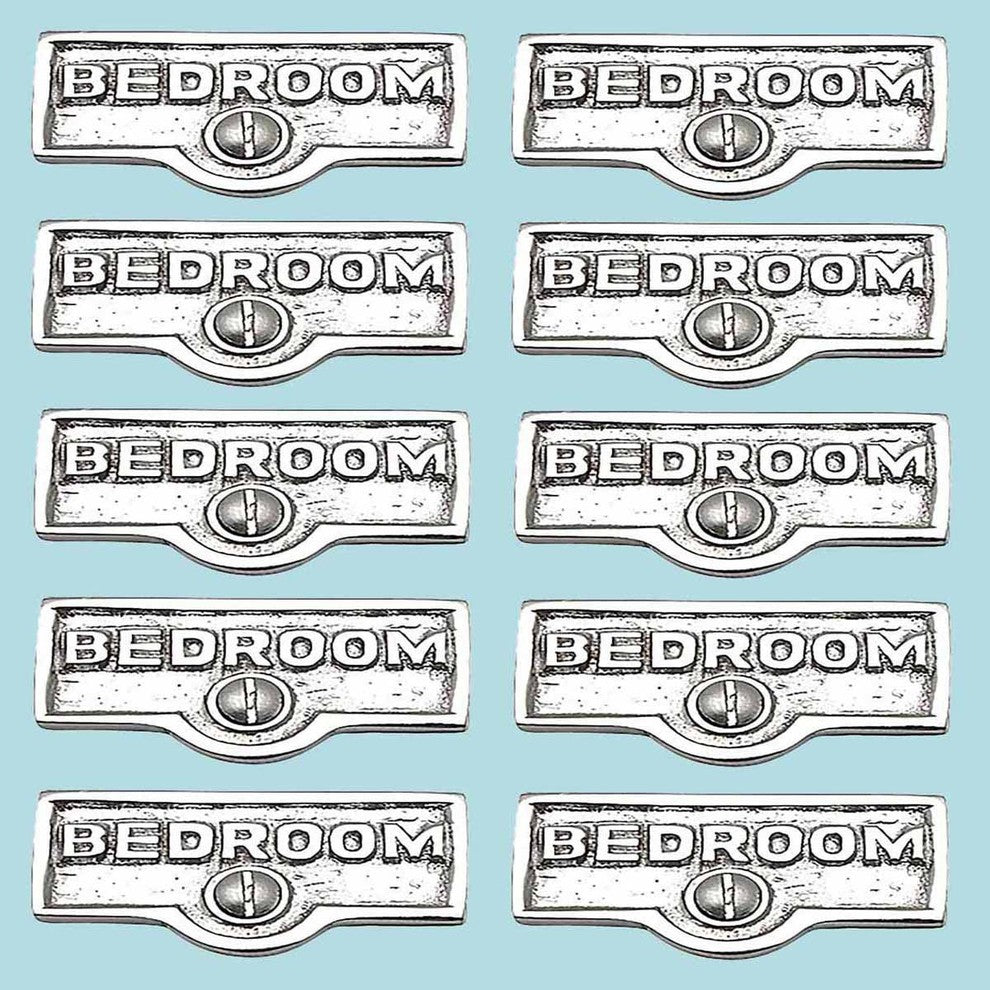 10 Switch Plate Tags BEDROOM Name Signs Labels Chrome Brass |