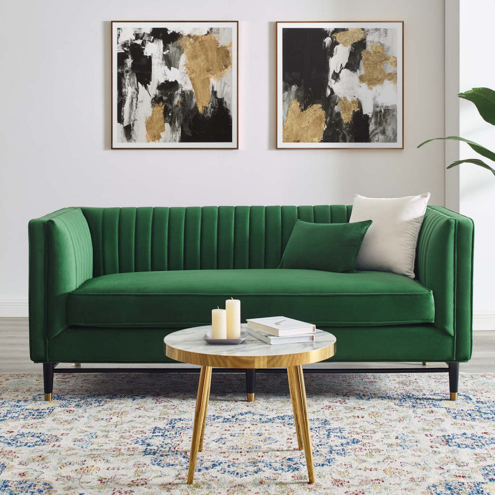 Loveseat Sofa, Velvet, Green, Modern, Living Lounge Room Hotel Lobby Hospitality