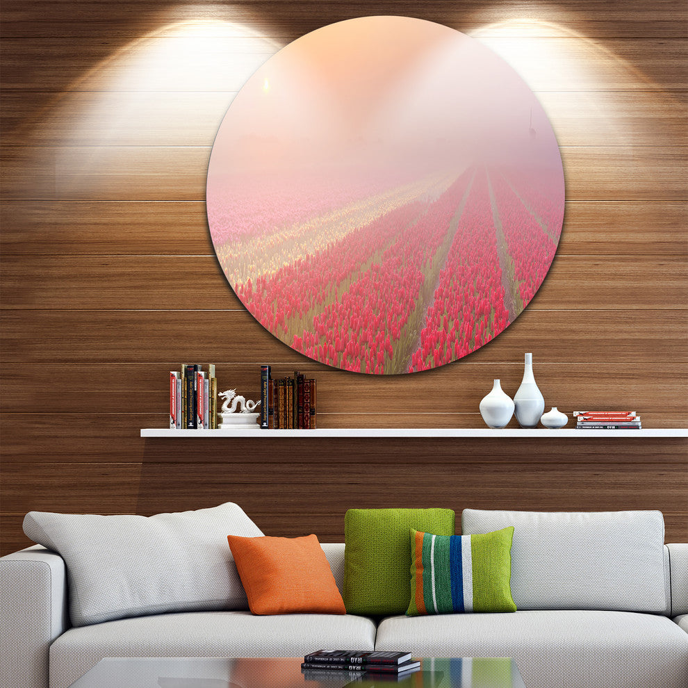 Sunrise Over Rows Of Tulips, Landscape Round Metal Wall Art, 23"