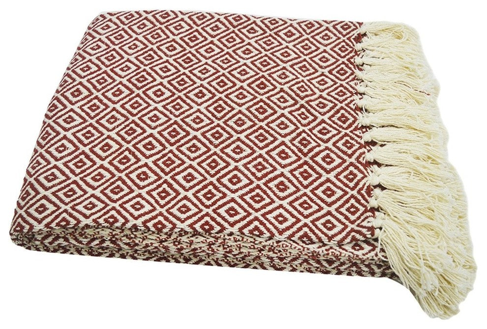 Diamond Pattern Cotton Throw With Fringed Ends, Rust-Ivory