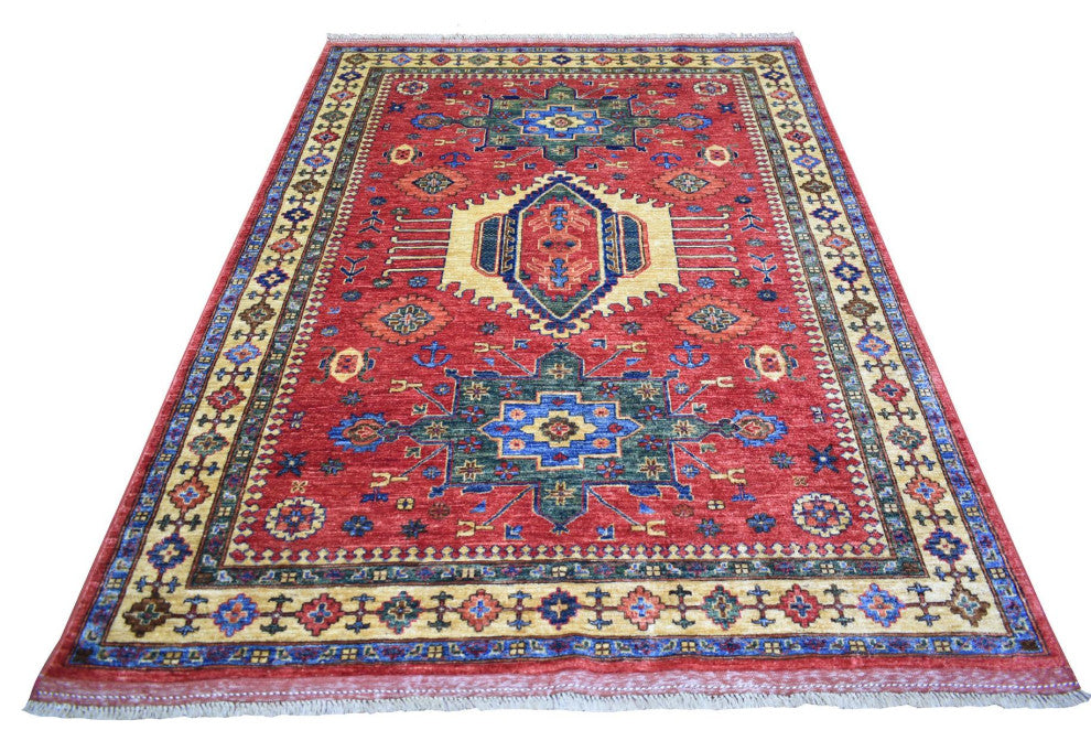 Red Afghan Ersari with Geometric Design, Pure Wool Oriental Rug, 5'7" x 7'7"