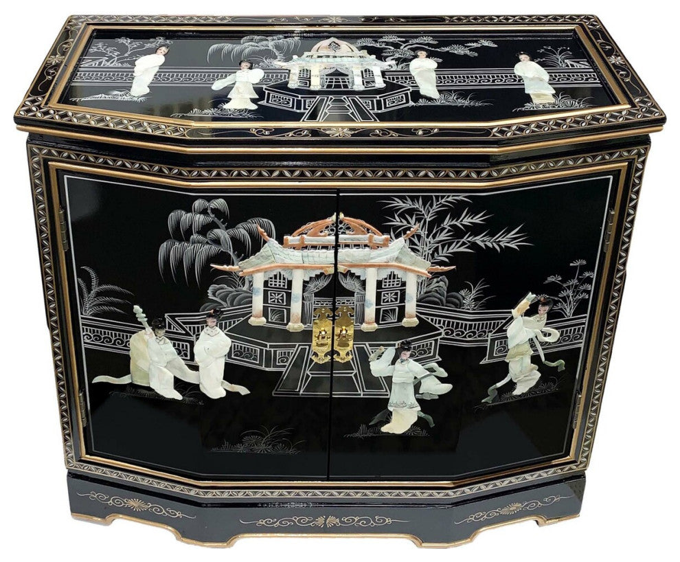 Oriental Slant Front Cabinet With Mother of Pearl, Hand Painted Black With Mother of Pearl