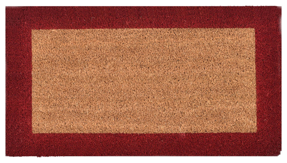 Sheltered Front Door Mat Coir Coco Fibers Rug 24x13, Natural/Red Borders