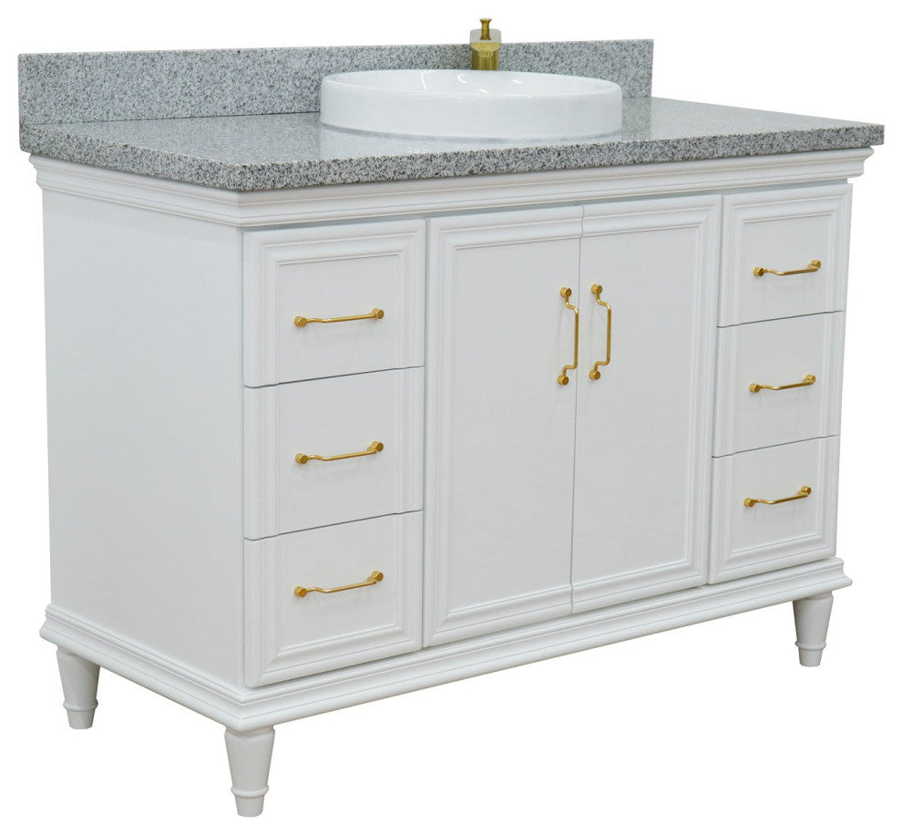 49" Single Sink Vanity, White Finish With Gray Granite and Round Sink