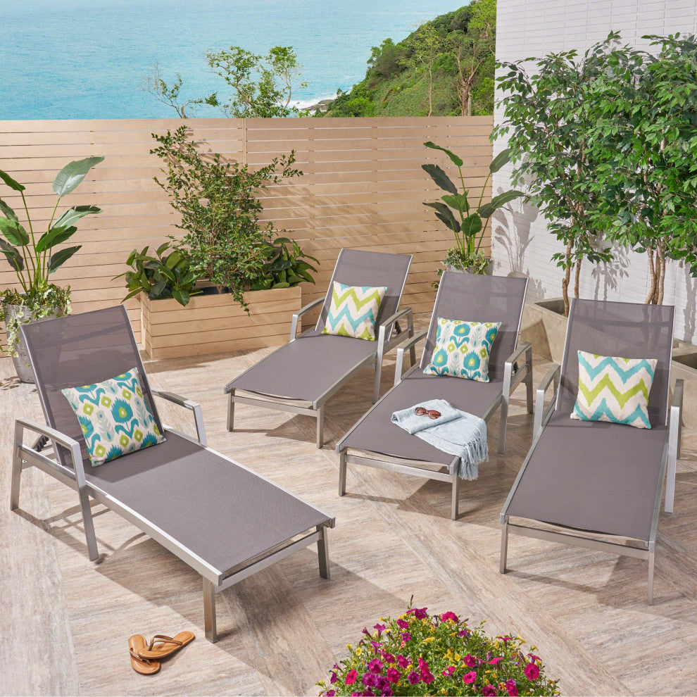 GDF Studio Joy Outdoor Mesh and Aluminum Chaise Lounge, Set of 4, Gray