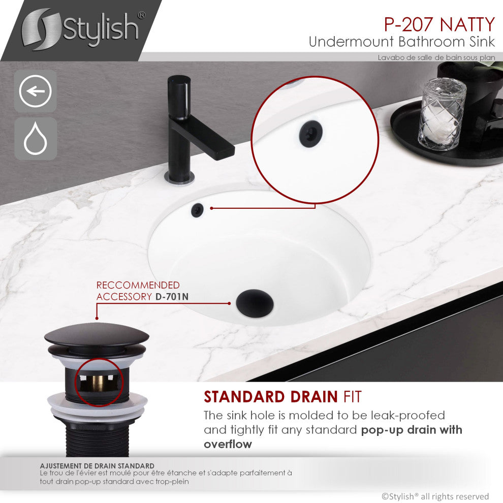 STYLISH 16" Round Undermount Ceramic Bathroom Sink With 2 Overflow Finishes