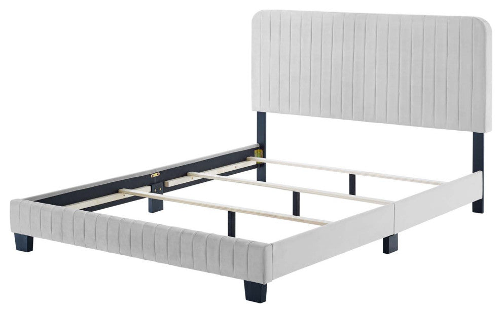 Tufted Platform Bed Frame, Queen Size, Velvet, Grey Gray, Modern Contemporary