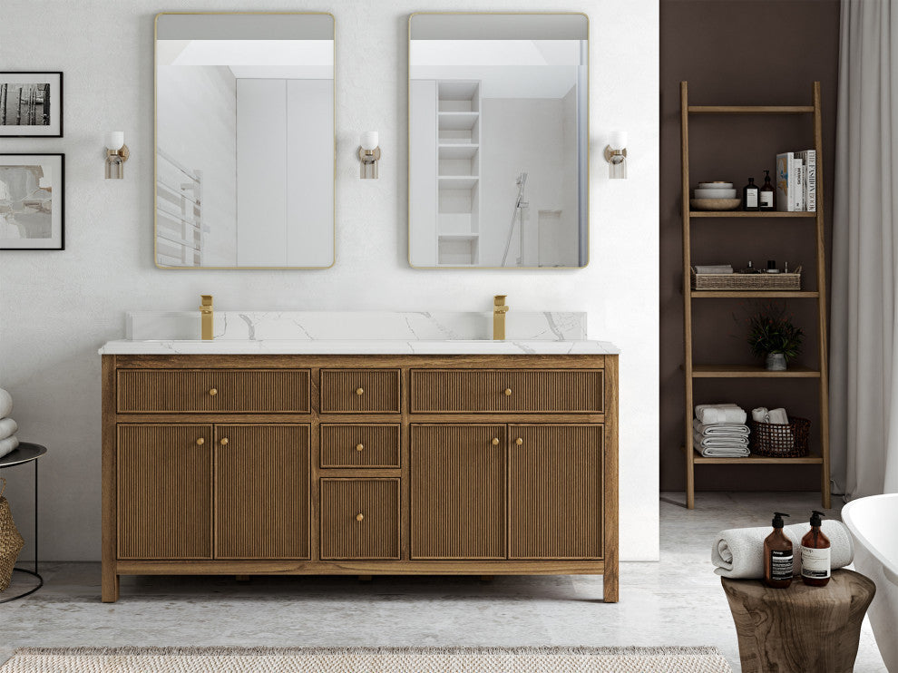 Sonoma Teak 72 Double Sink Bath Vanity in Dark Natural with 2" Calacatta Laza