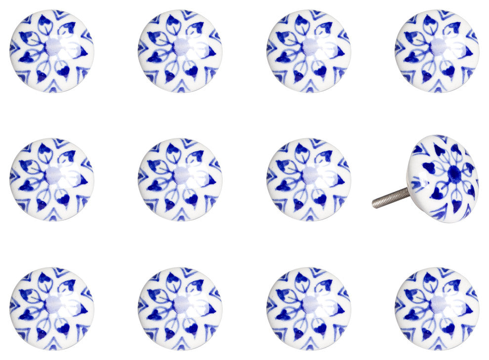 Knob-It Vintage Handpainted Ceramic Knobs, Set of 12, White/Black/Sky Blue
